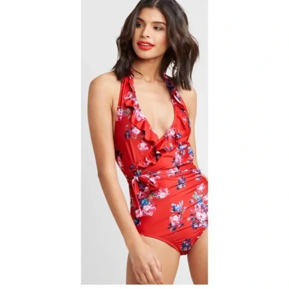 Like new MODCLOTH The Reese Red Ruffle Rose Print Wrap Swimsuit Size Lar… - Picture 1 of 12